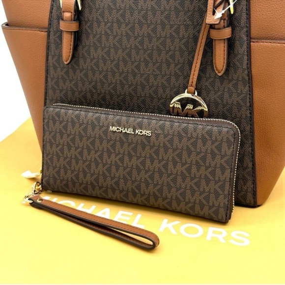 Michael Kors Large Charlotte Tote Bag & Continental Wallet Luggage Brown - Picture 11 of 13